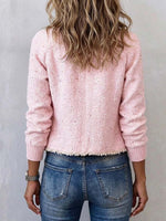 Women's Pink Tweed Button-Down Jacket with Frayed Edges