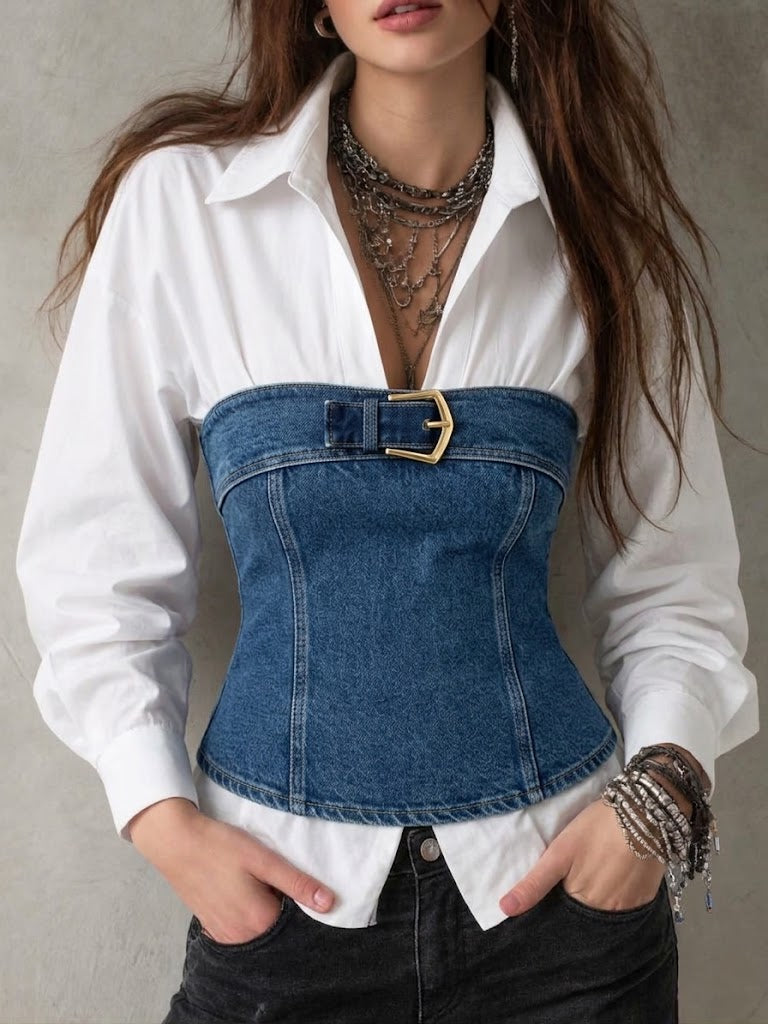 Chic Denim-paneled "faux-layered" Top