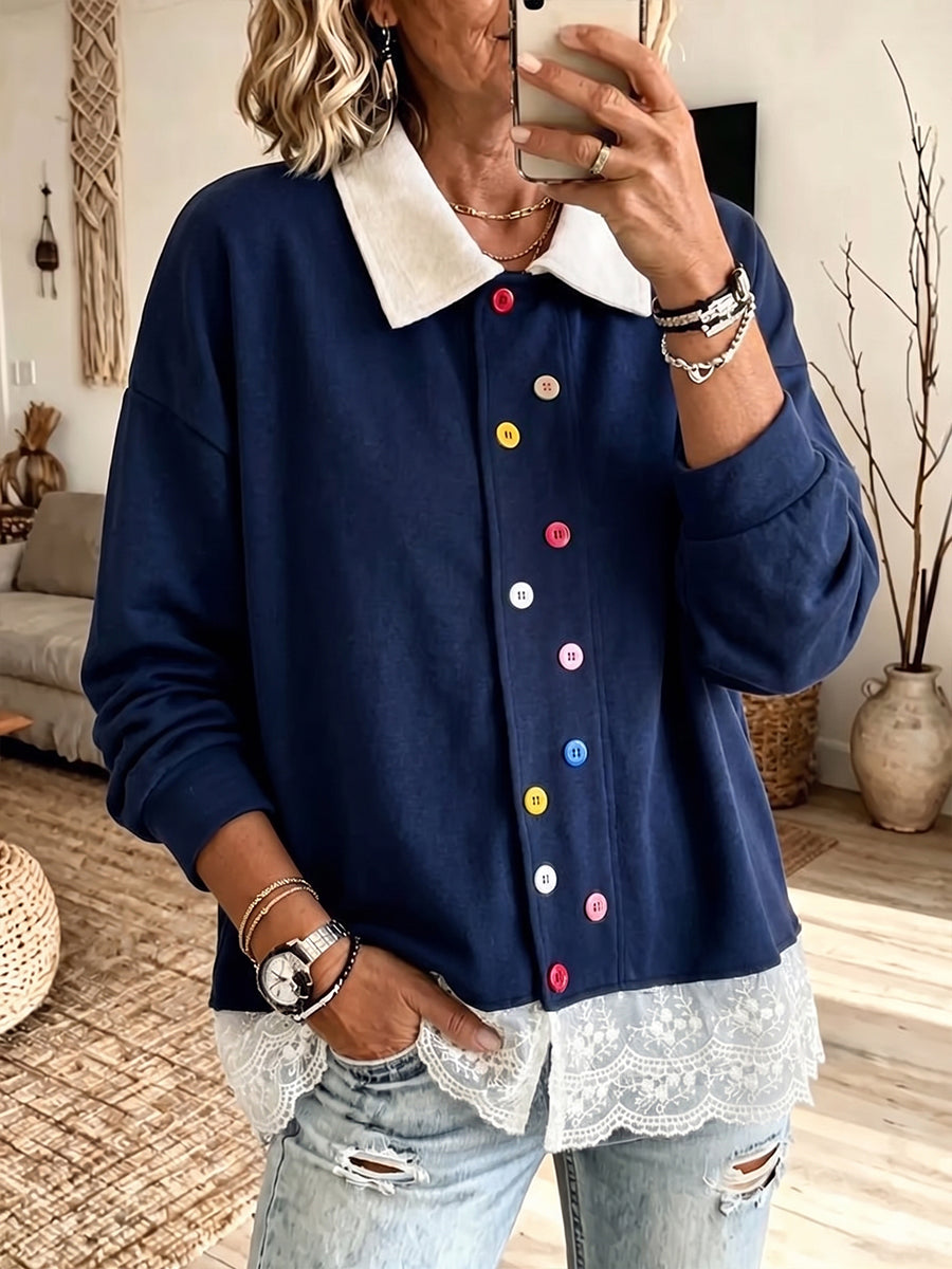Playful Multi-Button Contrast Collar Top