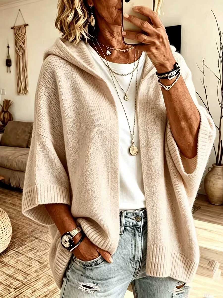 Women's Solid-Color V-Neck 3/4 Sleeve Loose-Fit Hooded Knit Cardigan