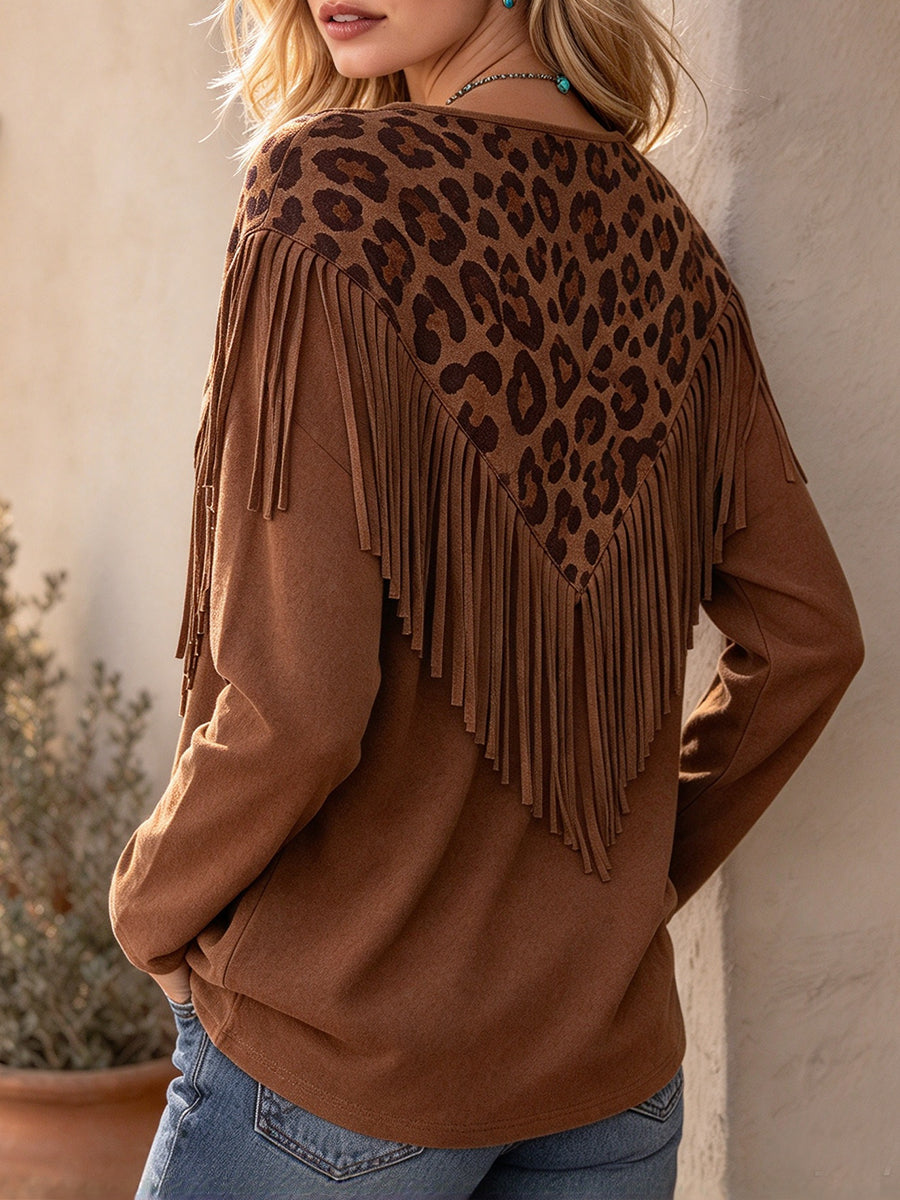 Chic Western-style Leopard Print Faux-suede Top With Fringe