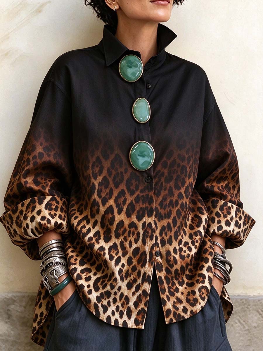 Women's Ombre Leopard Print Oversized Button-Down Shirt.