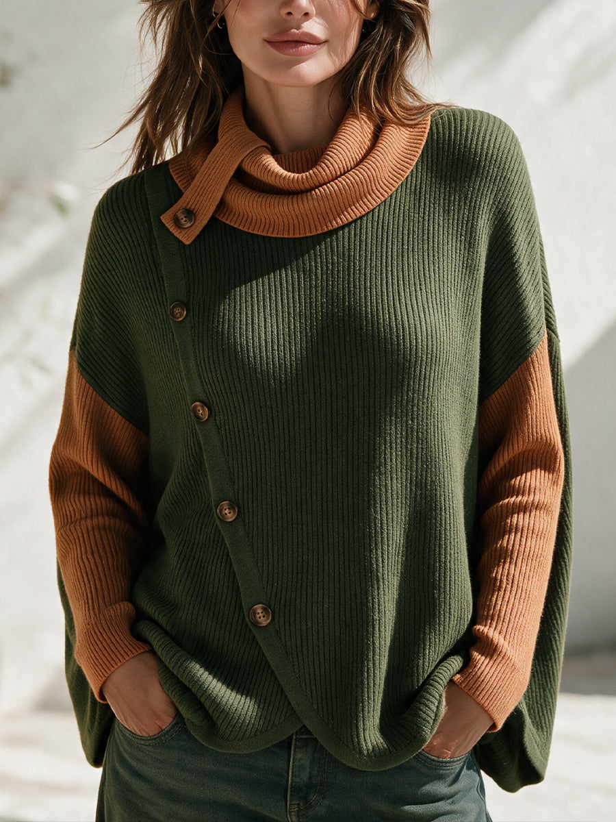 Cozy Color-block Ribbed-knit Turtleneck Sweater