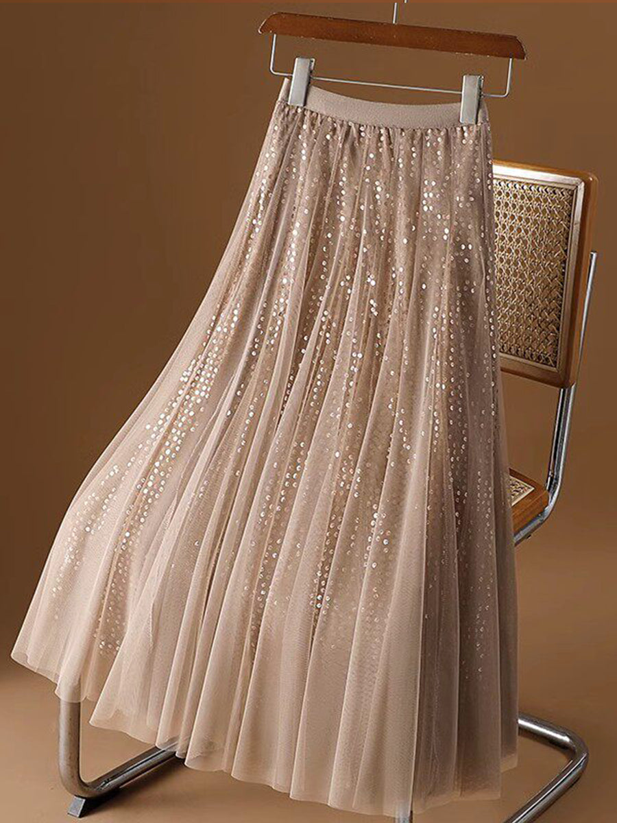 Glamorous And Elegant Sequin Tulle Midi Skirt With A Stretchy Elastic Waistband.