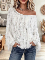 Women's One-Shoulder Fluffy Sequin Embellished Sweater