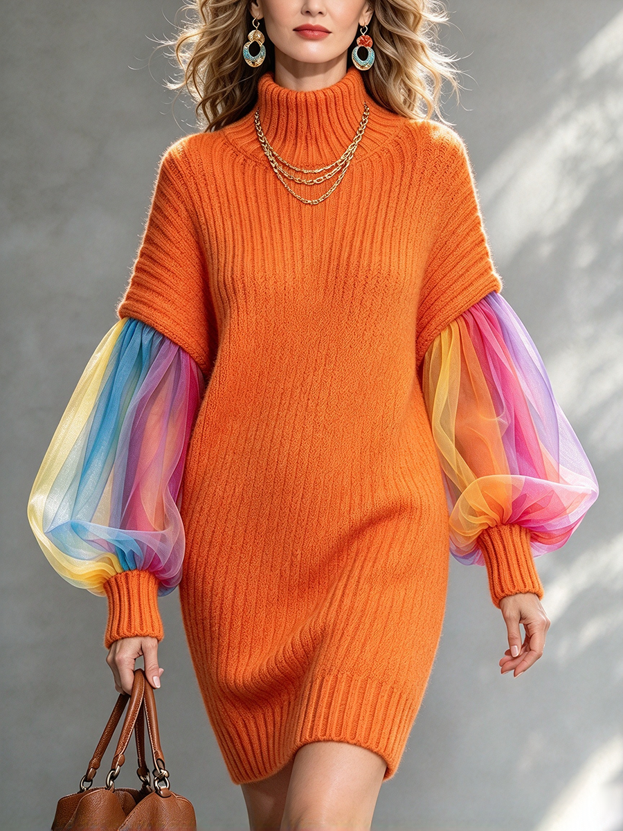 Cozy Chic Vibrant Rainbow Mesh Sleeve Sweater Dress