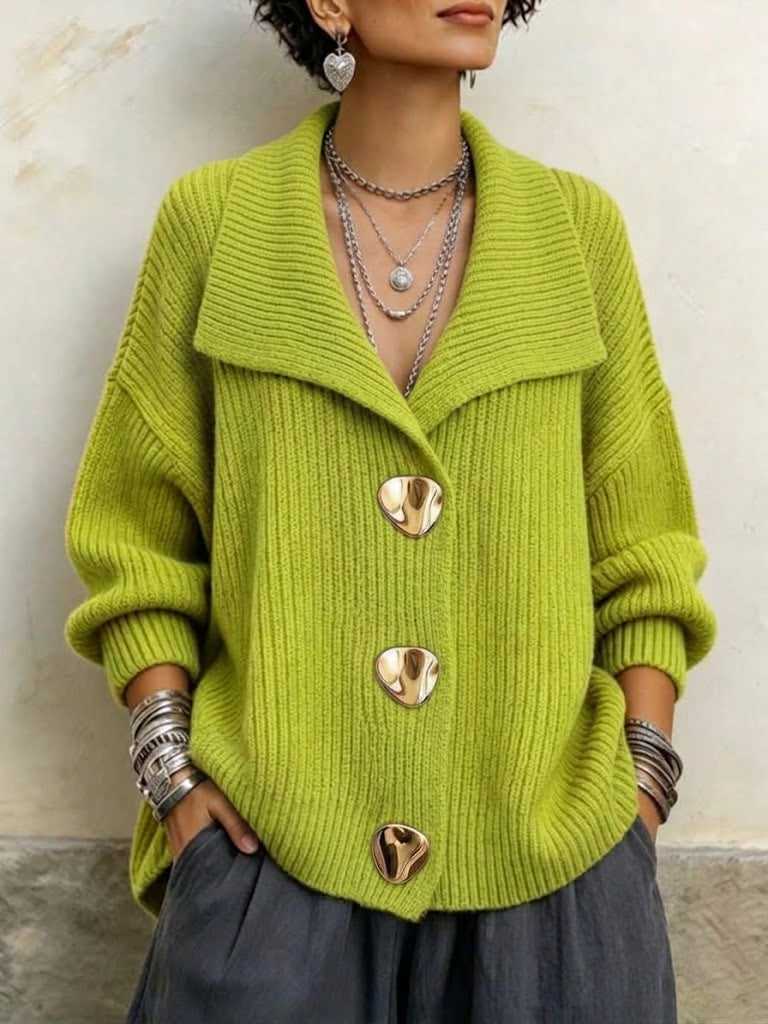 Oversized Ribbed Knit Cardigan With Large Lapel And Metal Buckle