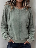 Casual Washed Cotton-blend Sweatshirt With Lace Paneling