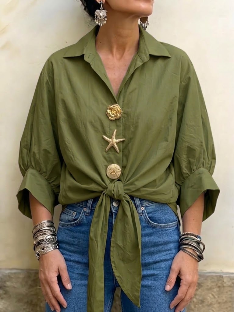 Loose-fit Blouse With Metal-buckle Hem Ties And Puff Sleeves