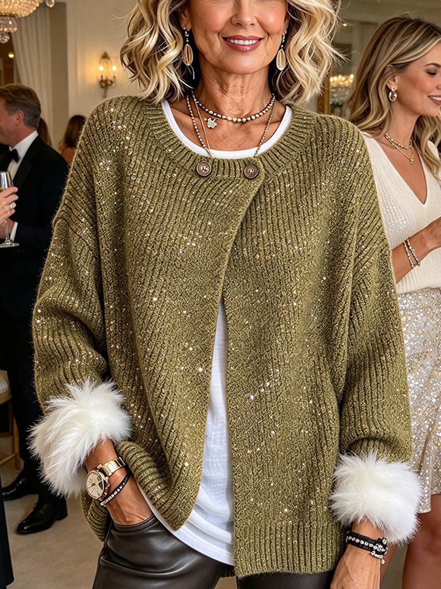 Glamorous Green Sequin Cardigan With Faux Fur Cuffs
