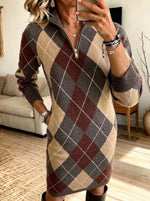Retro Diamond-patterned Half-zip Knitted Midi Skirt