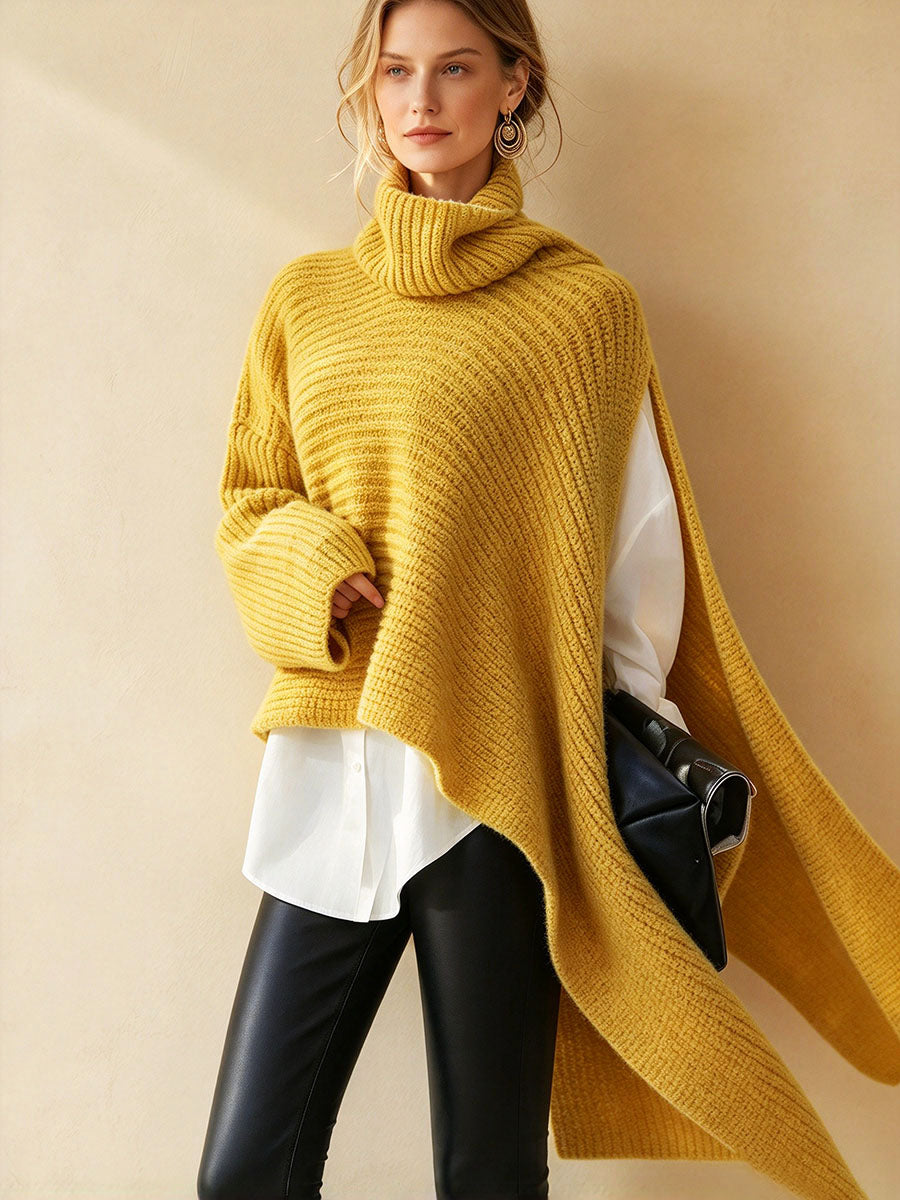 Oversized Turtleneck Asymmetric Hem Knit Poncho Sweater