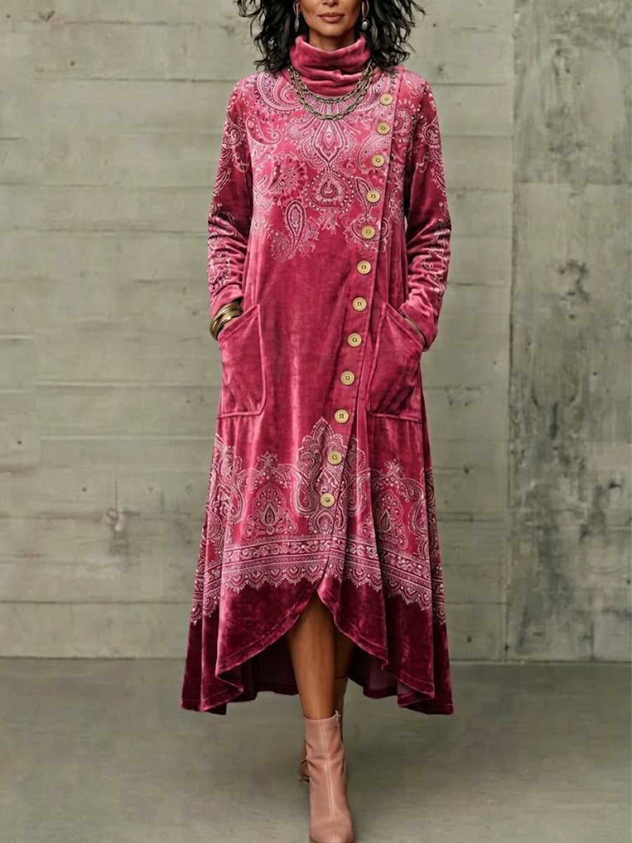 Paisley-print Velvet Dress With A High Neck And Asymmetric Hem