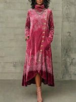 Paisley-print Velvet Dress With A High Neck And Asymmetric Hem
