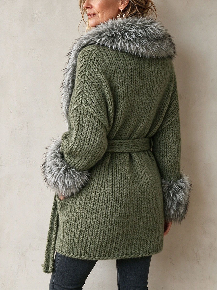 Chic Luxurious Faux Fur Trim Belted Cardigan Jacket
