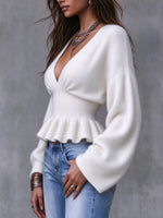 Cozy Mohair V-Neck Peplum Knit Pullover