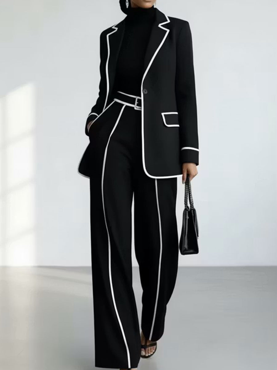 Modern Black Suit Set With Contrast White Piping