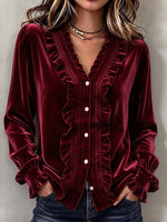 Chic Christmas Ruffled Velvet Shirt