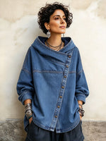 Relaxed Oversized Denim Asymmetrical Button Hooded Jacket