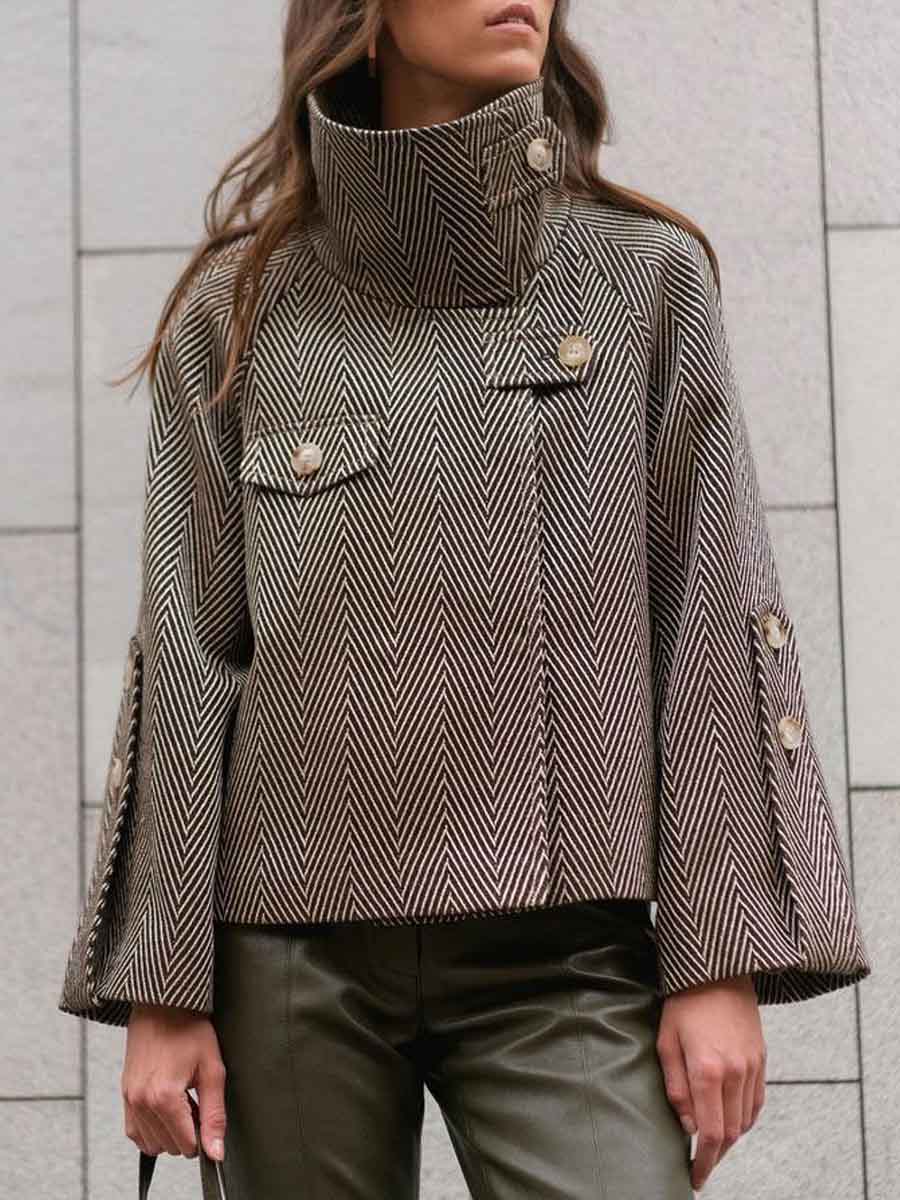 Women's Loose-fit Long-sleeve Wool-blend Coat With Stand Collar And Herringbone Print