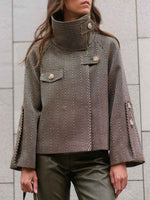 Women's Loose-fit Long-sleeve Wool-blend Coat With Stand Collar And Herringbone Print