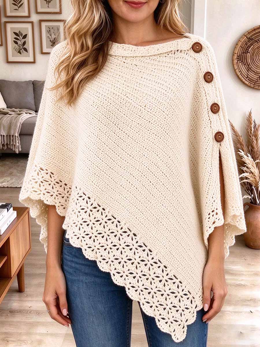 Off-White Asymmetrical Knit Poncho with Wood Buttons and Scalloped Lace