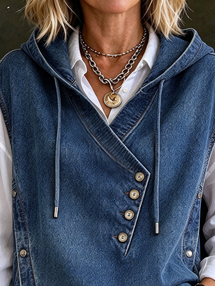 Stylish Casual Asymmetric Button Neck Denim Hooded