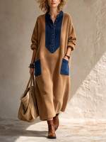 Boho Casual Cozy Colorblock Faux Suede Maxi Dress