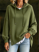 Olive Green Asymmetric Button Hooded Cotton Sweatshirt