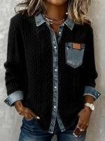 Women's Cable Knit Denim Patchwork Button-down Sweater