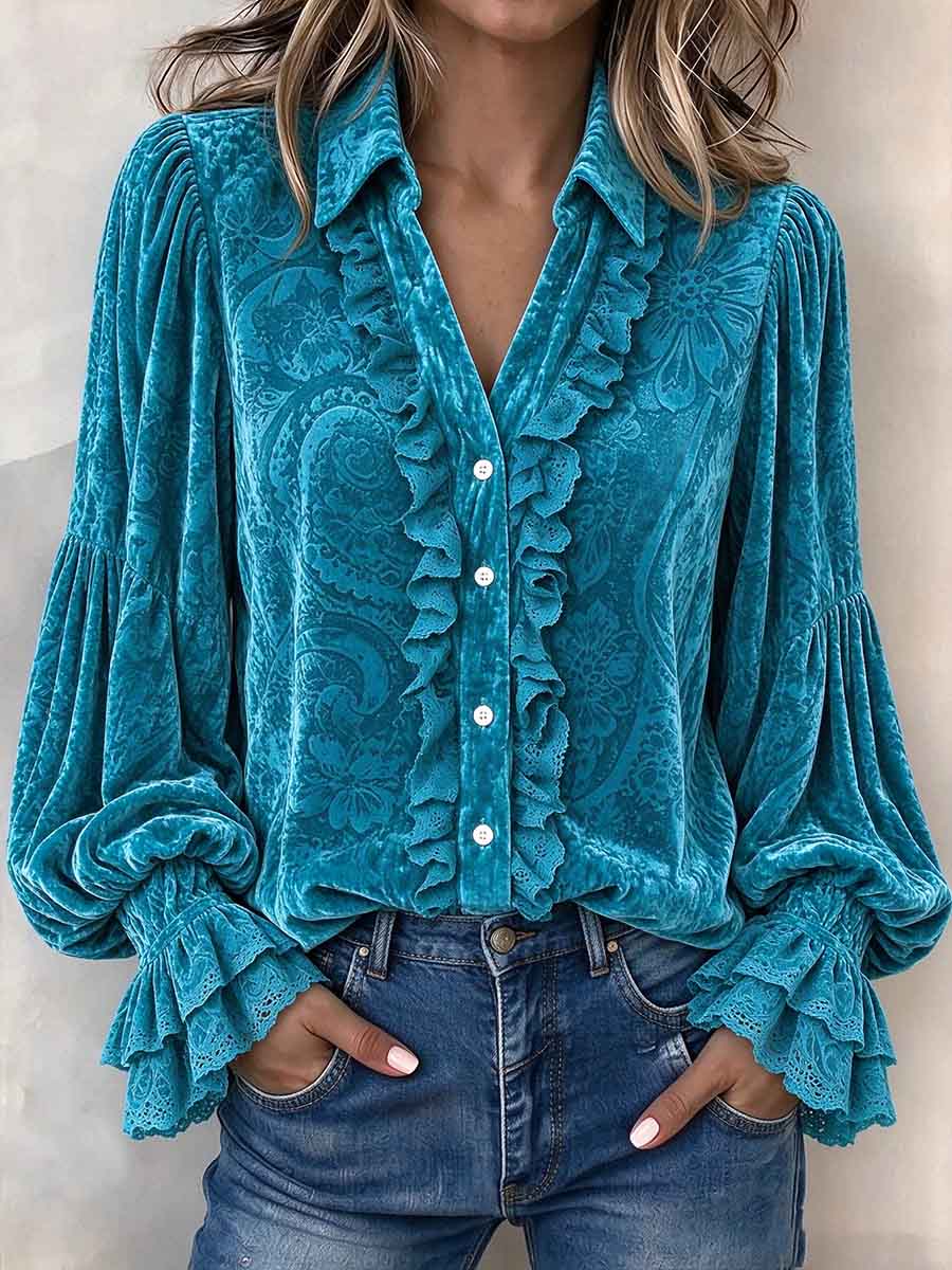 Women's Teal Embossed Velvet Blouse With Ruffle Trim And Bell Sleeves