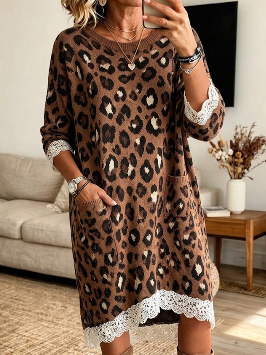 Bohemian Leopard-print Knit Midi Skirt With Lace Trim
