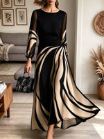 Women's Elegant Abstract Striped Sheer Long Sleeve Maxi Dress