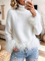Cozy Feather-Trim Turtleneck Knit Pullover