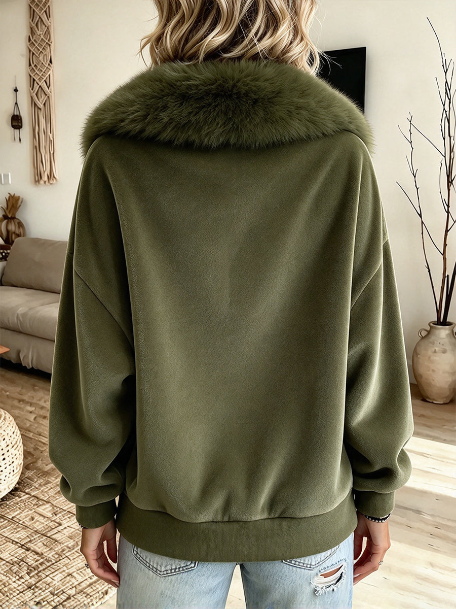 Chic Olive Green Velvet Zip-up Jacket With A Fur Collar