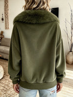 Chic Olive Green Velvet Zip-up Jacket With A Fur Collar