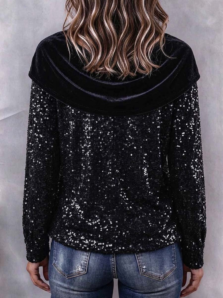 Women's Black Sequin V-neck Top With Velvet Bow