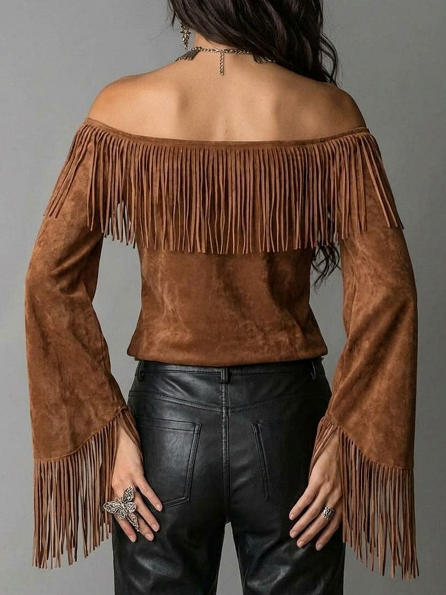 Women's Solid Color Off-shoulder Long-sleeve Loose Casual Tassel Top