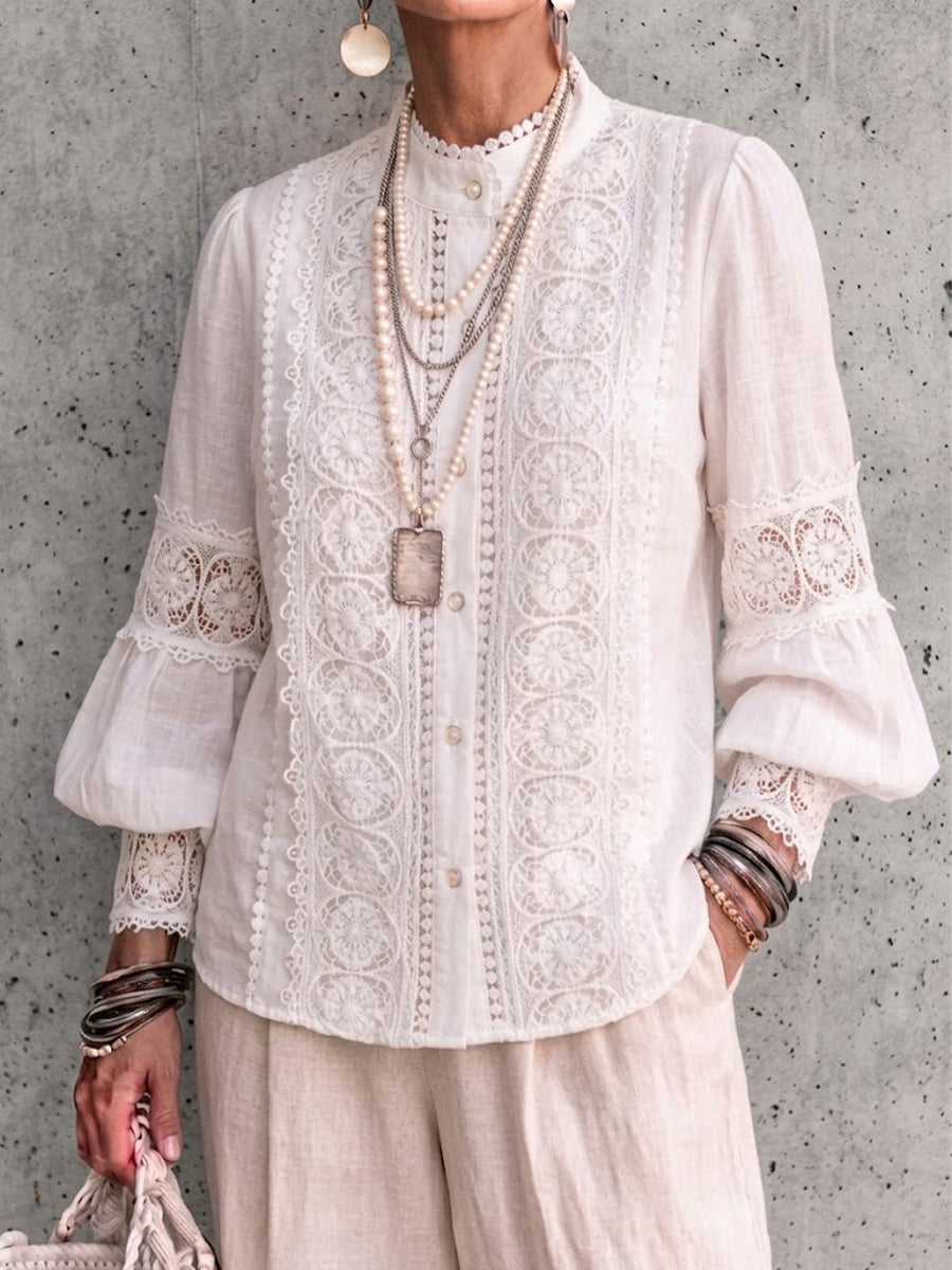 Stand-collar Shirt With Lace Panels And Lantern Sleeves