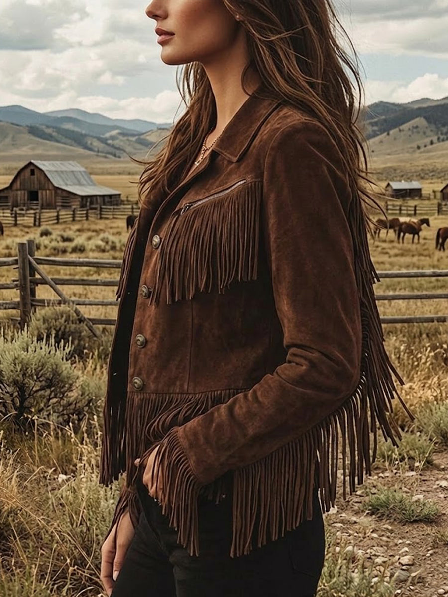Women’s Faux Suede Jacket With Vintage-style Fringe