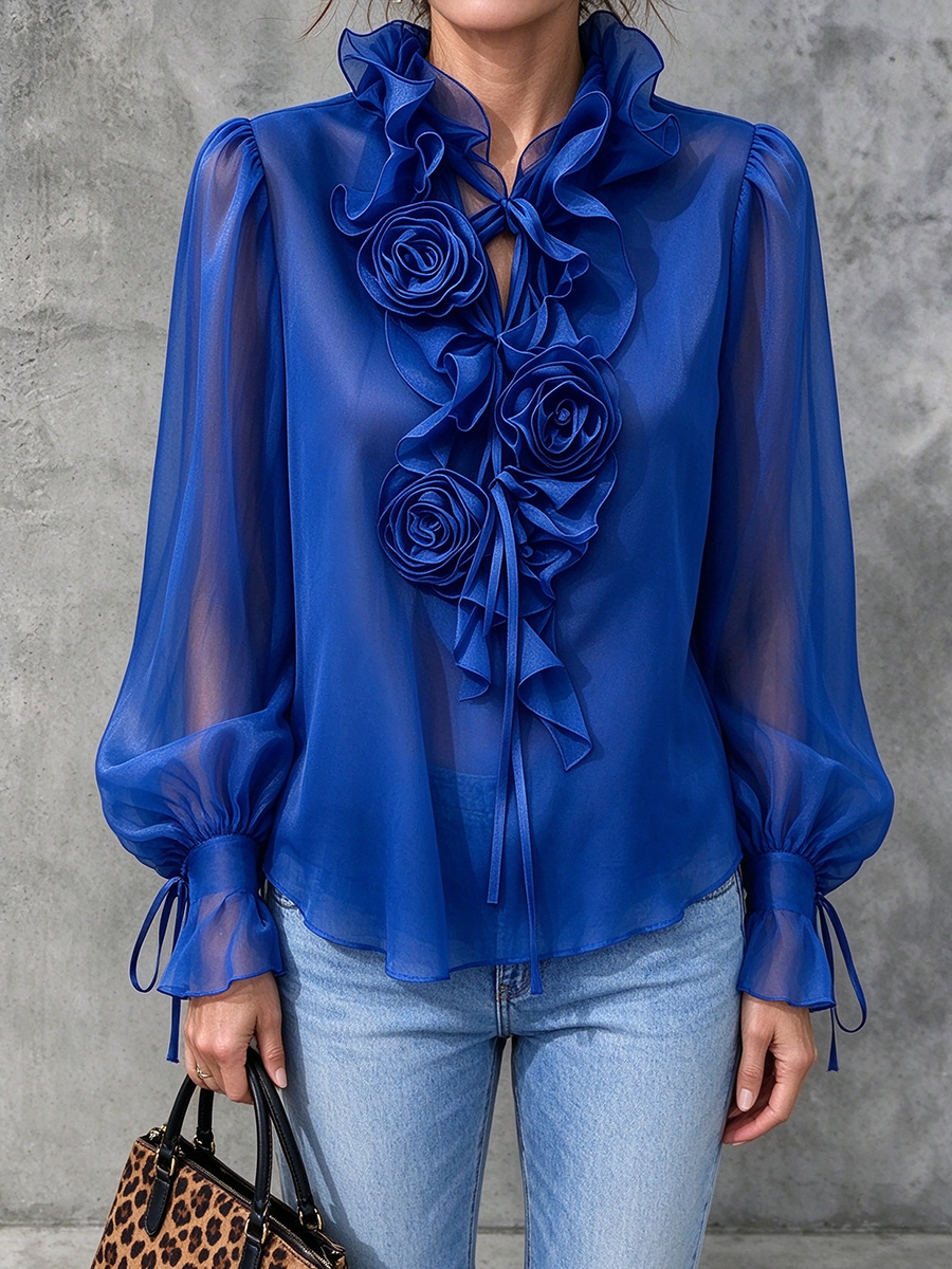 Elegant Ruffled Collar Sheer-sleeve Ruffled Rosette Blouse