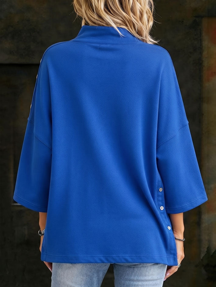 Vibrant Blue Button-trim High Neck Casual Top