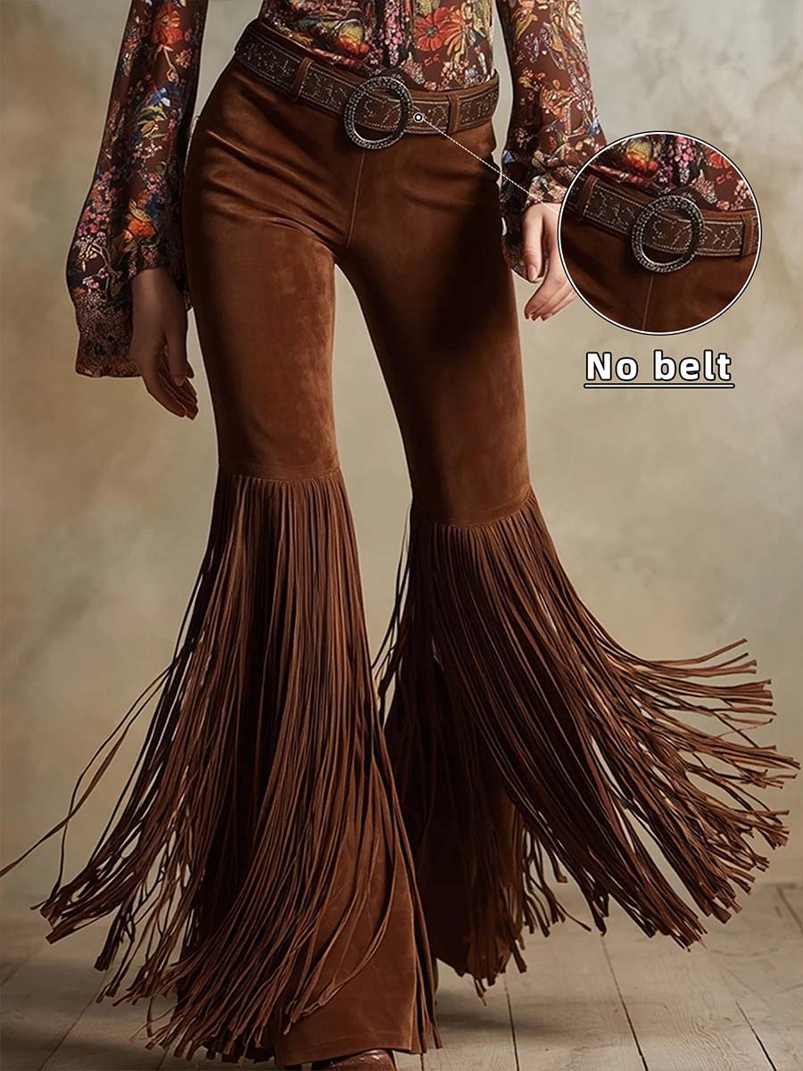 Women's Western Faux Suede Fringe Flare Pants