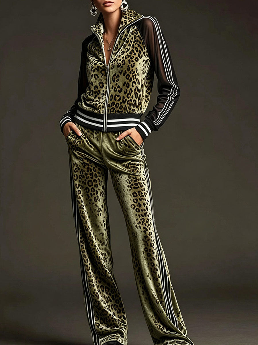 Women's Leopard Print Velvet Set: Long-sleeve Stand-collar Jacket With Mesh Paneling & High-waisted Wide-leg Pants (relaxed Fit)