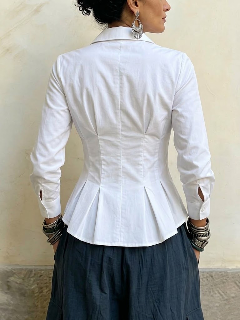 Long-sleeved Shirt With A Collared, Ruffled, And Pleated Waist-cinching Design