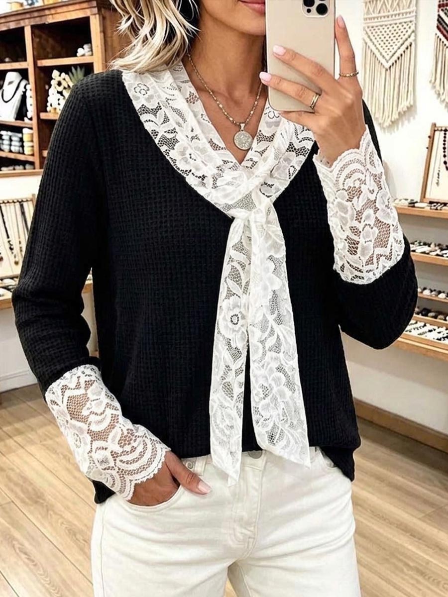 Elegant Black Waffle Knit Top With White Floral Lace Trim