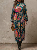 Vintage Paisley Print Velvet High Neck Long Sleeve Midi Dress