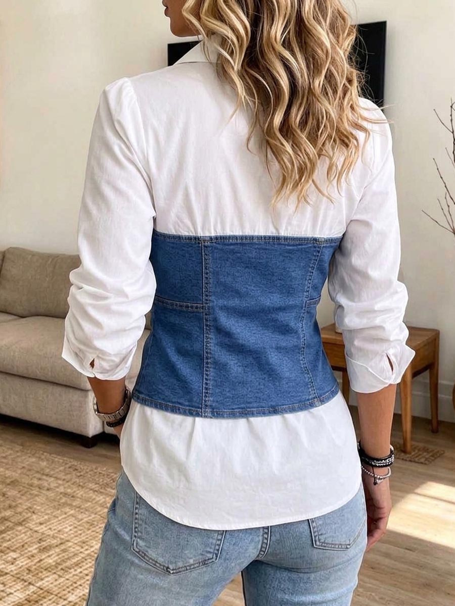 Women's Chic Denim Patchwork Wrap Waist White Button-down Shirt
