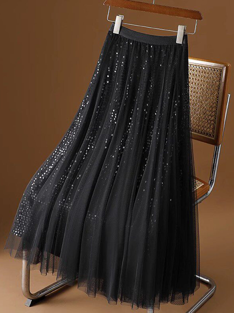 Glamorous And Elegant Sequin Tulle Midi Skirt With A Stretchy Elastic Waistband.
