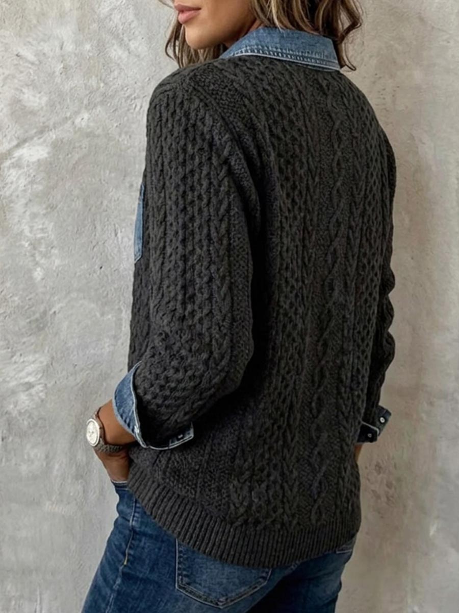 Women's Cable Knit Denim Patchwork Button-down Sweater